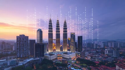 Obraz premium Kuala Lumpur city skyline at dusk with digital network overlay