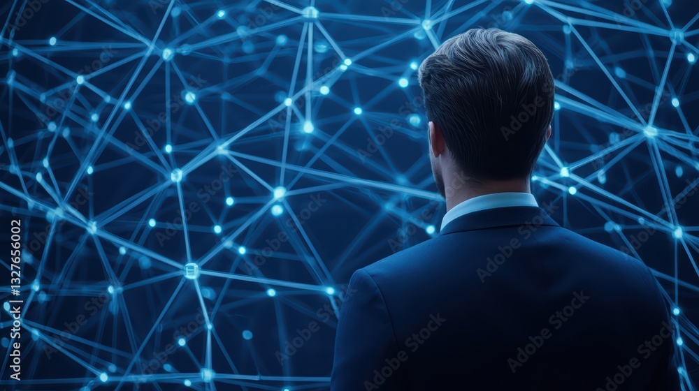 Poster businessman analyzing networking concepts with futuristic digital connections in dark environment