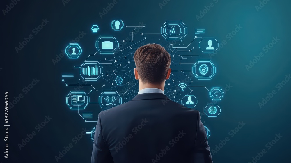 Poster business networking concept with businessman analyzing digital connections and data visualization