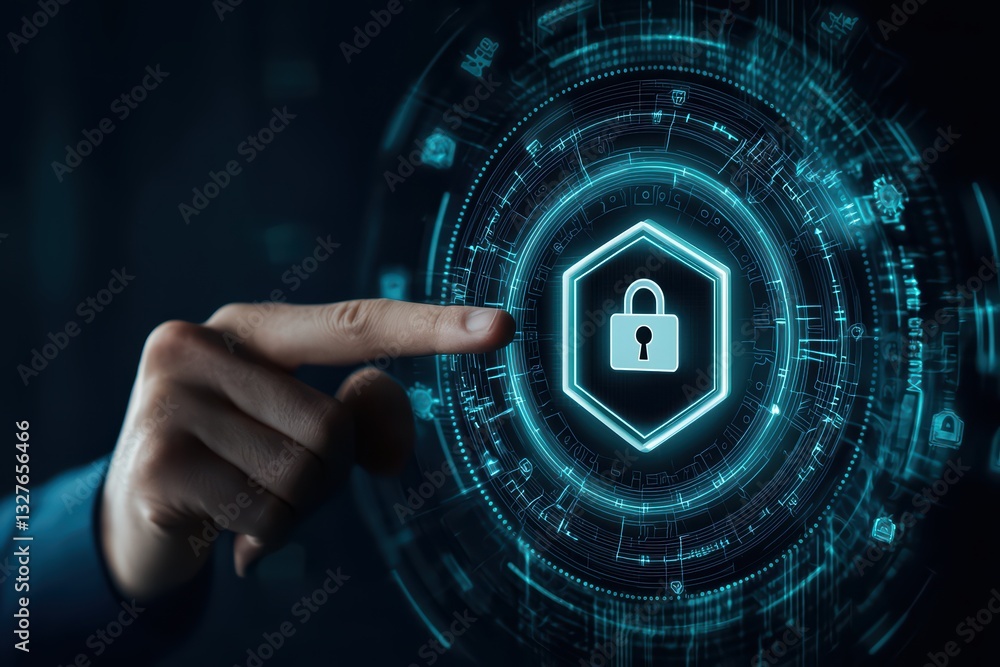Poster futuristic business technology interface with lock symbol for security and data protection concepts