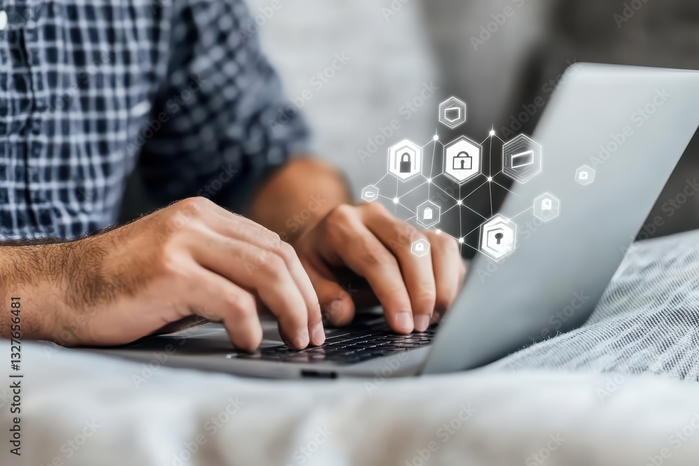 Poster futuristic business technology concept with digital interface and laptop usage