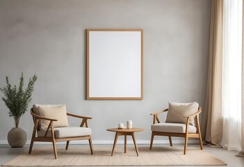 Minimalist blank mockup frame in living room with wooden chair and concrete coffee table