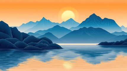 Serene landscape features mountains and water under a golden sunset