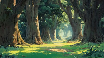 Obraz premium Sunlit Path Through A Lush Green Forest Of Tall Trees