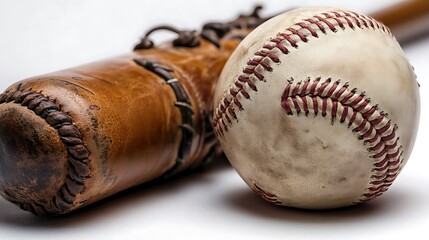 A close up image of a baseball and wooden bat