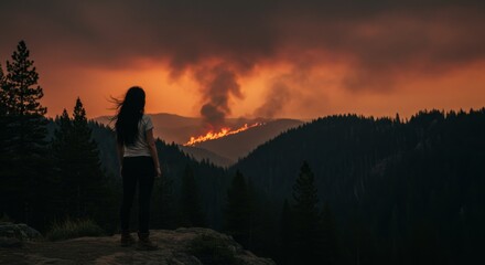 Obraz premium A woman stands on a mountain overlooking a wildfire burning through the forest. The sky is filled with smoke and orange flames, creating a dramatic and dangerous natural disaster scene