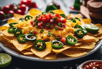 Fototapeta premium Cheese-covered nachos loaded with jalapeños and salsa, served on a festive platter