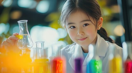 Young girl in a lab coat examining a colorful flask, promoting curiosity and education in STEM on International Day of Women and Girls in Science.