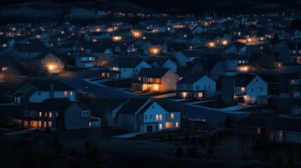 A dramatic nighttime scene of a power outage, where a single home remains illuminated thanks to its battery backup system. The surrounding houses are in darkness, with the glow of the powered home