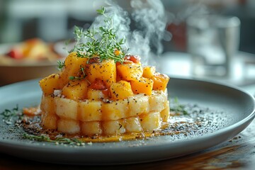 pięknie podane danie gourmet, drewniany stół, delikatne naturalne światło, hiperrealistyczne tekstury jedzenia, para unosząca się z talerza, głębia ostrości DSLR, profesjonalna fotografia jedzenia, wy