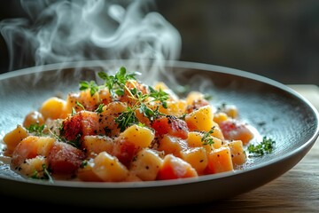 pięknie podane danie gourmet, drewniany stół, delikatne naturalne światło, hiperrealistyczne tekstury jedzenia, para unosząca się z talerza, głębia ostrości DSLR, profesjonalna fotografia jedzenia, wy