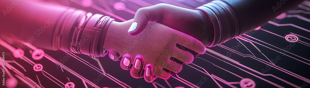 Poster Futuristic Digital Communication Concept with Robot Hands and Circuit Patterns in 3D Design