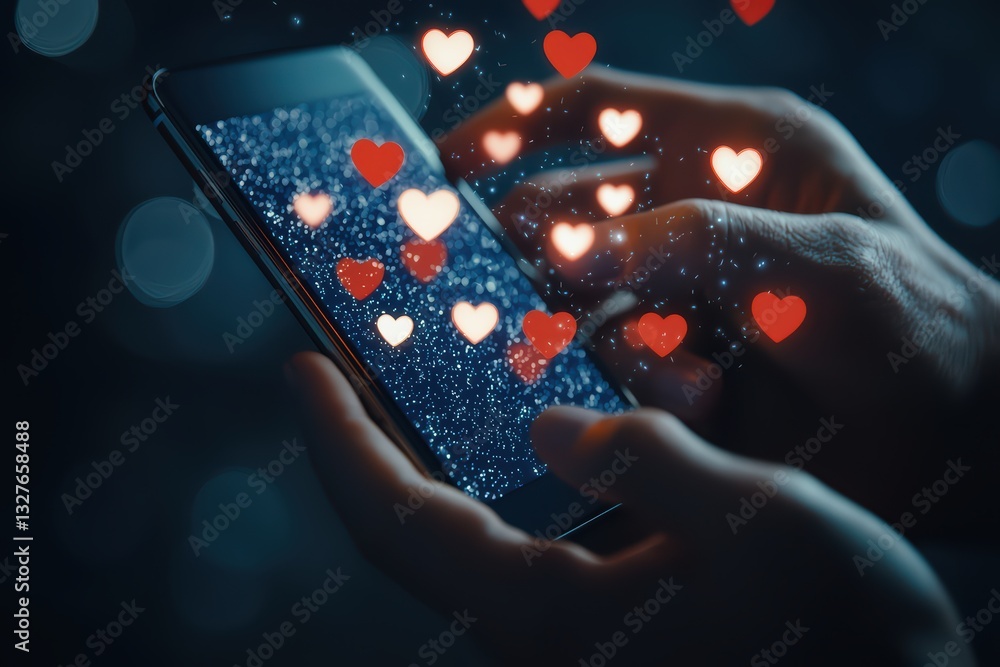 Poster close-up of hands using smartphone with floating heart icons and digital communication concept