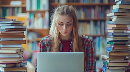 Young woman balancing books and a computer, symbolizing a blend of online and offline education, ideal for science education themes.