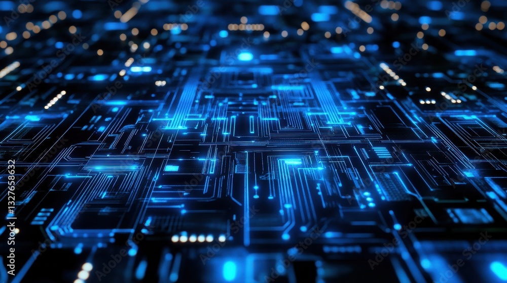 Poster Futuristic circuit board pattern with glowing blue lines and nodes, creating high tech visual effect. Ideal for technology themed projects and digital backgrounds
