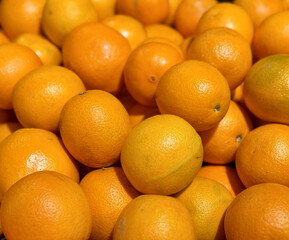 A box of ripe, fresh yellow oranges is for sale on the shelf of a fruit supermarket. Close-up
