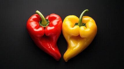 Red and yellow bell pepper slices arranged in a heart shape.