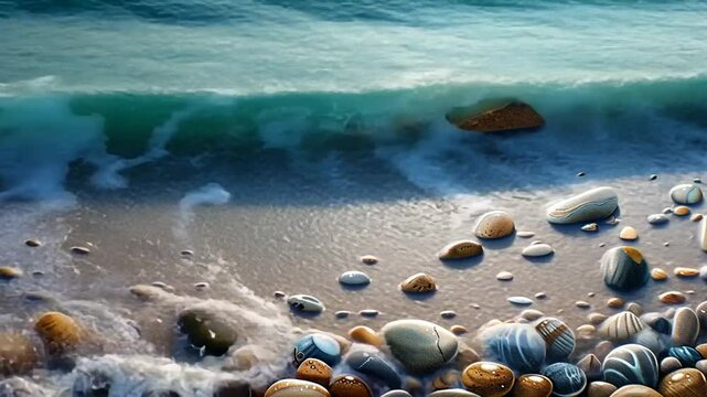 Klares Wasser umsp&uuml;lt glatte K&uuml;stenkiesel am Strand