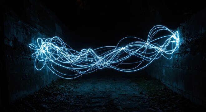 Abstract light painting in a dark tunnel.  Light trails create flowing lines against rough walls