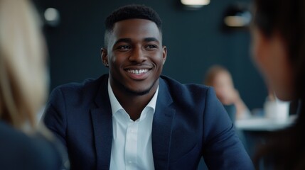 Obraz premium Smiling young African American businessman discussing work with a diverse group of colleagues sitting together at an office table