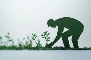 Silhouette of a man tending to plants, symbolizing growth and environmental care against a soft white background.