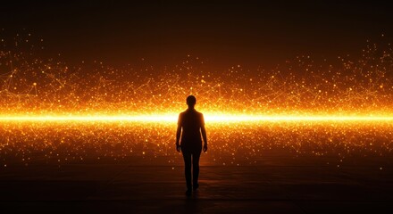 Silhouette figure walks towards glowing energy field