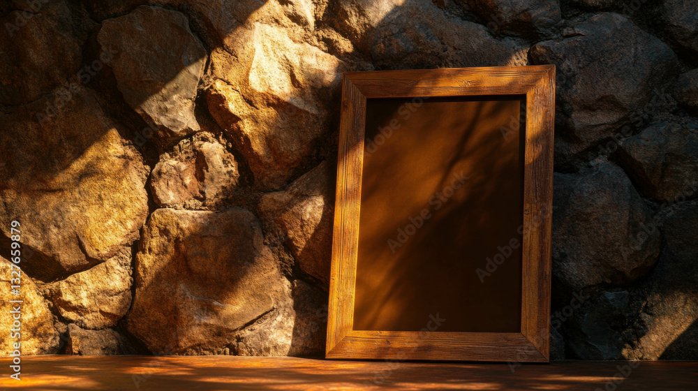 Poster rustic wooden frame with weathered texture against stone wall for artistic display and design