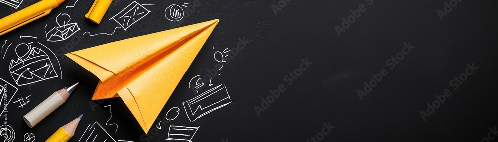 Poster concept of failure and setbacks represented by crumpled paper and paper airplane on black background
