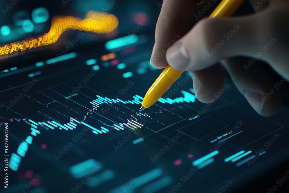 Poster person reviewing financial planning concepts with digital interface and data visualization tools