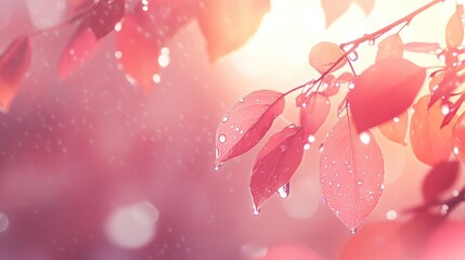 Fototapeta premium Dewdrops glisten on autumn leaves bathed in sunlight