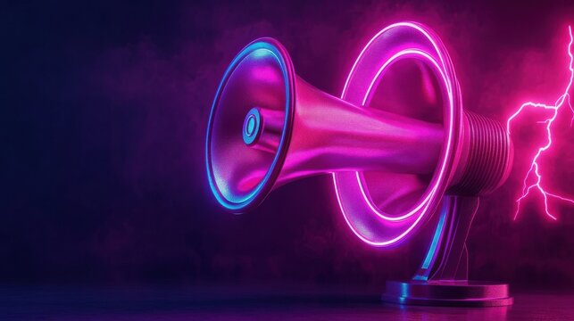 Neon pink and purple megaphone with lightning bolts symbolizing sales promotion and excitement, vibrant marketing, advertising concept