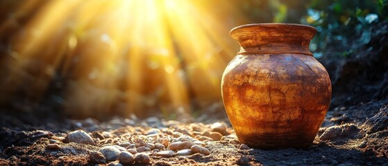 Earthenware pot in sunlit landscape