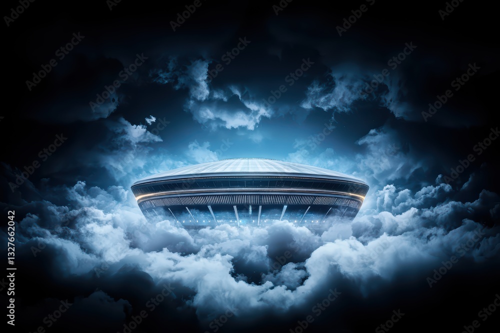 Poster futuristic high-tech arena concept with dramatic clouds and illuminated structure