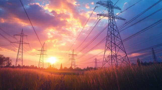 Energy crisis solutions with backup power systems, Illuminated power lines against a vibrant sunset, showcasing the energy infrastructure and technology in a beautiful landscape.