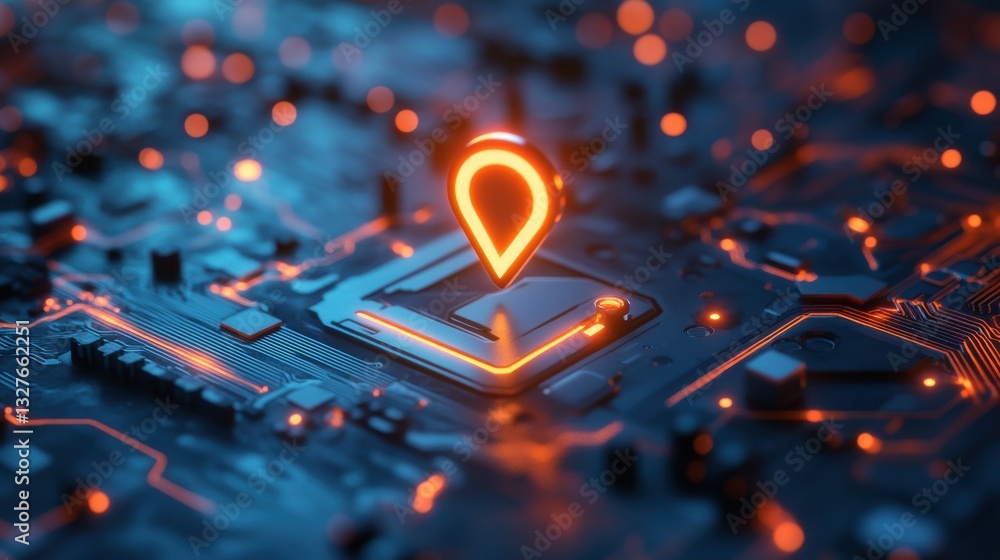 Poster digital map with glowing location pin on a circuit board background, concept of navigation and techn