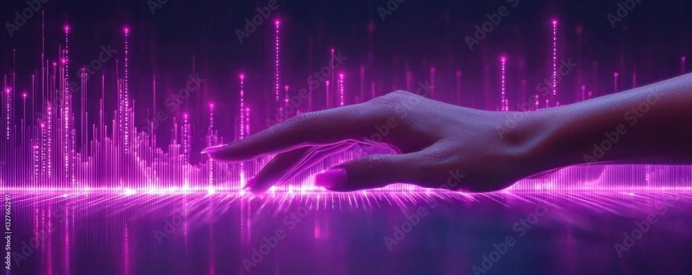 Poster hand interacting with glowing technology interface and data visualization