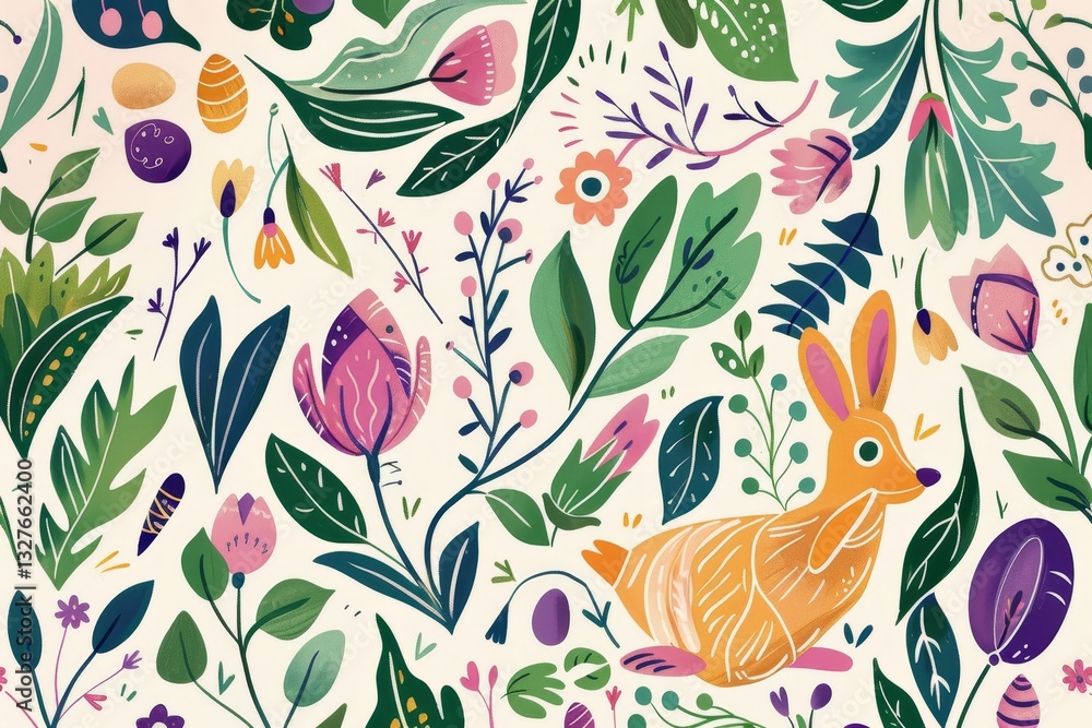 Poster an intricate pattern of springtime botanicals with a rabbit in the center, intricate patterns of spr