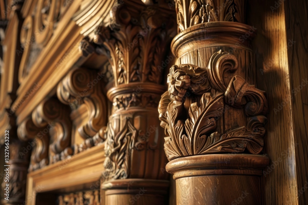 Poster close-up of intricately carved wooden columns, showcasing detailed craftsmanship and ornate designs,