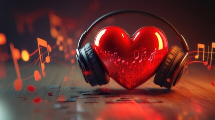 A red heart with a pair of headphones surrounded by musical notes and a subtle background music waveform , love symbol, audio equipment