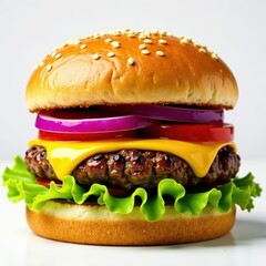 Giant juicy burger, sesame seed bun, isolated , gourmet, dinner