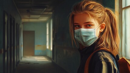 Girl with face mask back at school after covid-19 quarantine and lockdown.