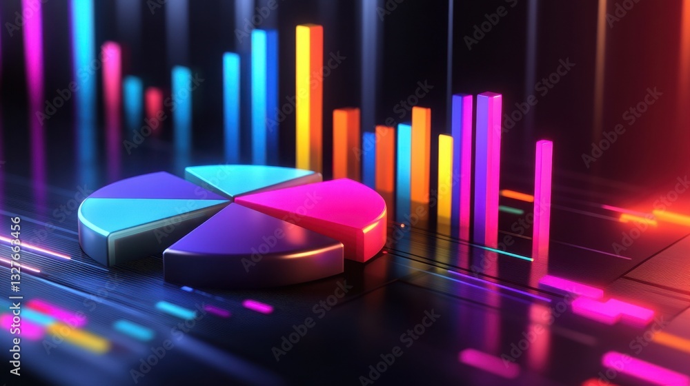 Poster 3d pie charts and bar graphs in vibrant colors on dark background, representing data analysis and st