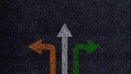 Arrows on asphalt road ground with three direction arrow choices, left, right or move forward,...