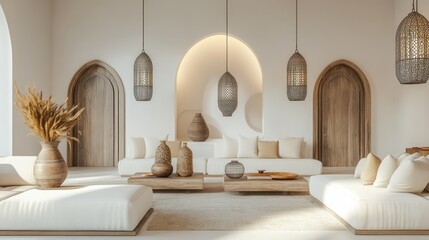 A modern Arabic-style living room with white sofa sets and neutral beige cushions