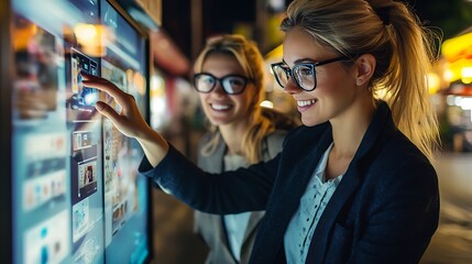 Women Interacting with Digital Touchscreen Display in Urban Night Setting