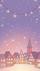 Fototapeta premium Evening snowfall adorns a cozy illuminated European village scene