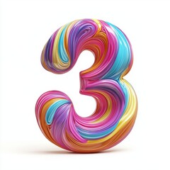 Number 3 with a radiant swirling multicolor texture, isolated on a pure white background