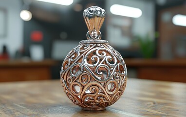 Ornate, spherical pendant on wooden table