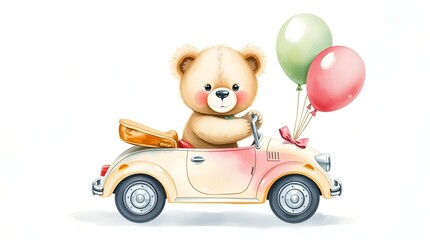 Watercolor Illustration of Cute Teddy Bear in Vintage Car with Balloons | Soft Pastel Baby Shower Art