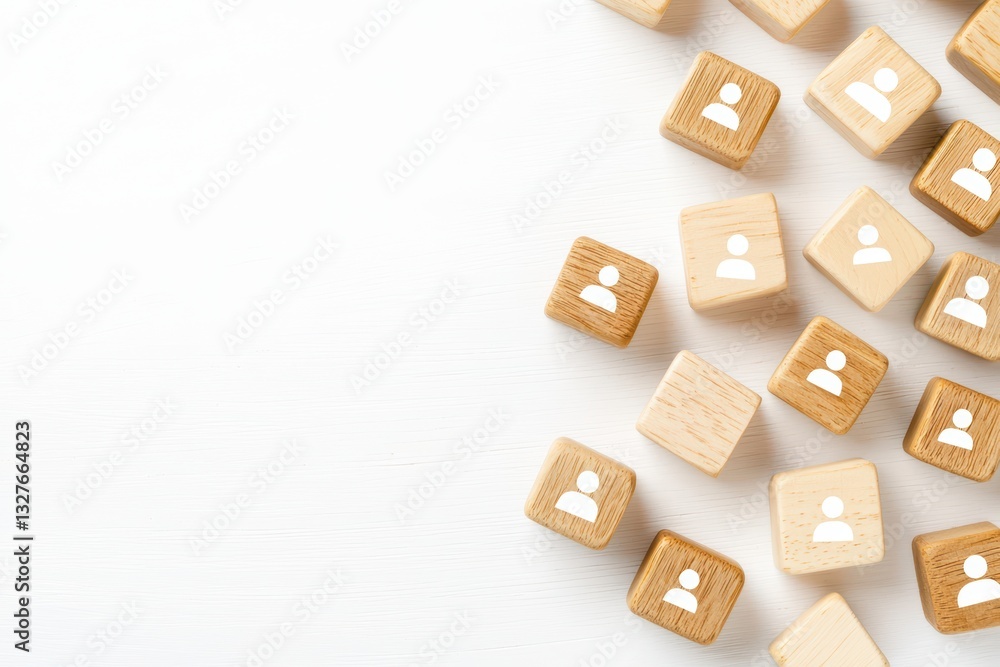 Poster structured network concept of human resources represented by wooden blocks with icons